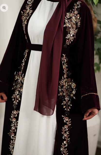 Wine maroon 3 pc set Embellished beaded velvet Abaya (A6)