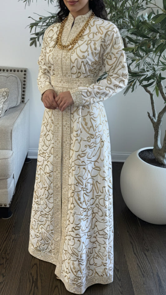 Arabic Letter embroidered/tatreez on zipped Off White abaya kaftan Thobe