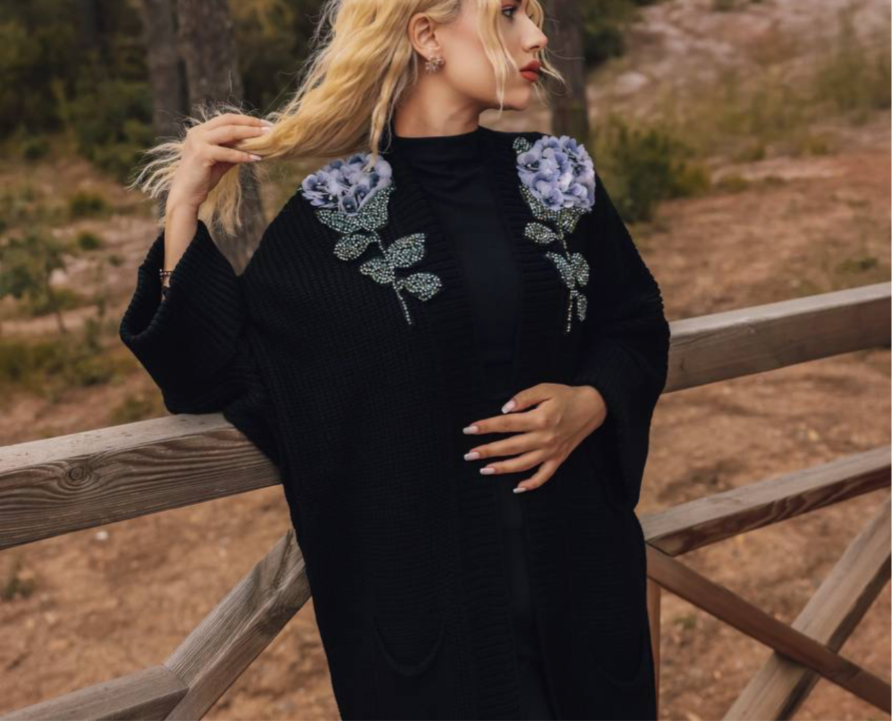 Embellished Beaded Black Knit Cardigan With Blue Hydrangeas Flower