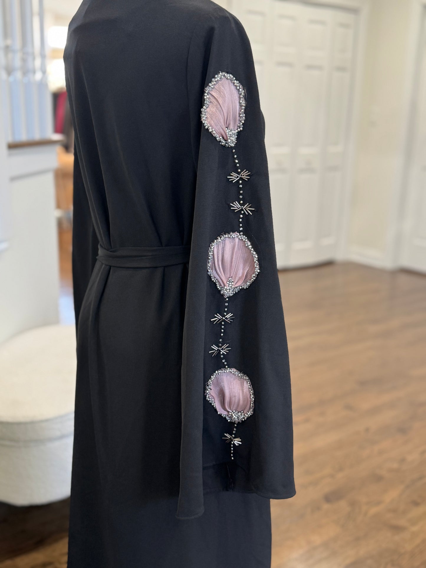 Black Embellished Organza Handwork Flower Abaya set