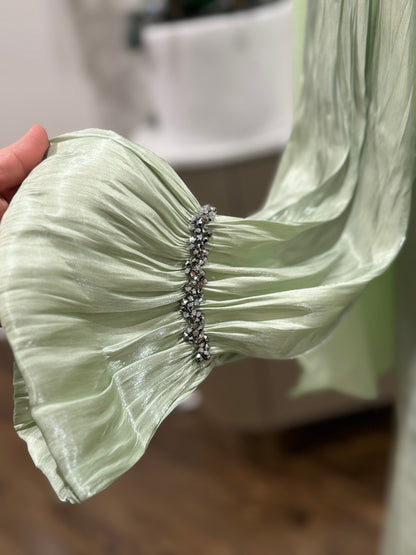 4 Pcs Embellished Beaded Organza Open Abaya Sage