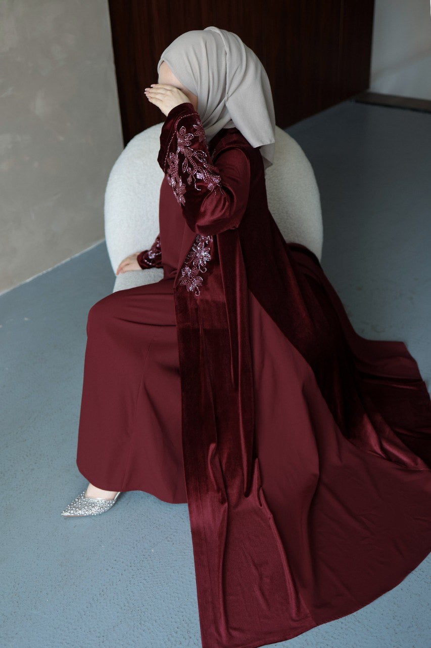 Velvet Beaded A Line Abaya set