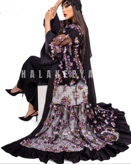 Handwork Sequins and Beaded Mesh Black Abaya with Wide Sleeves