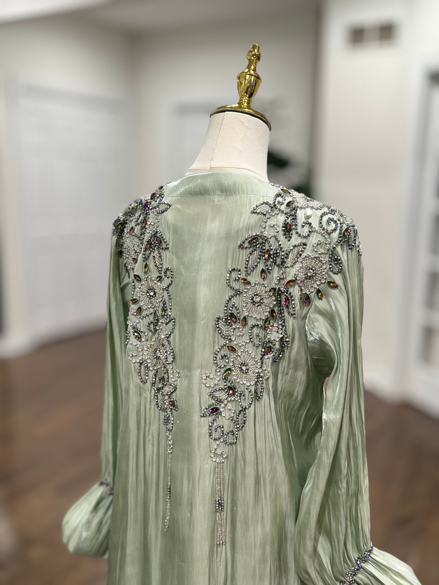 4 Pcs Embellished Beaded Organza Open Abaya Sage