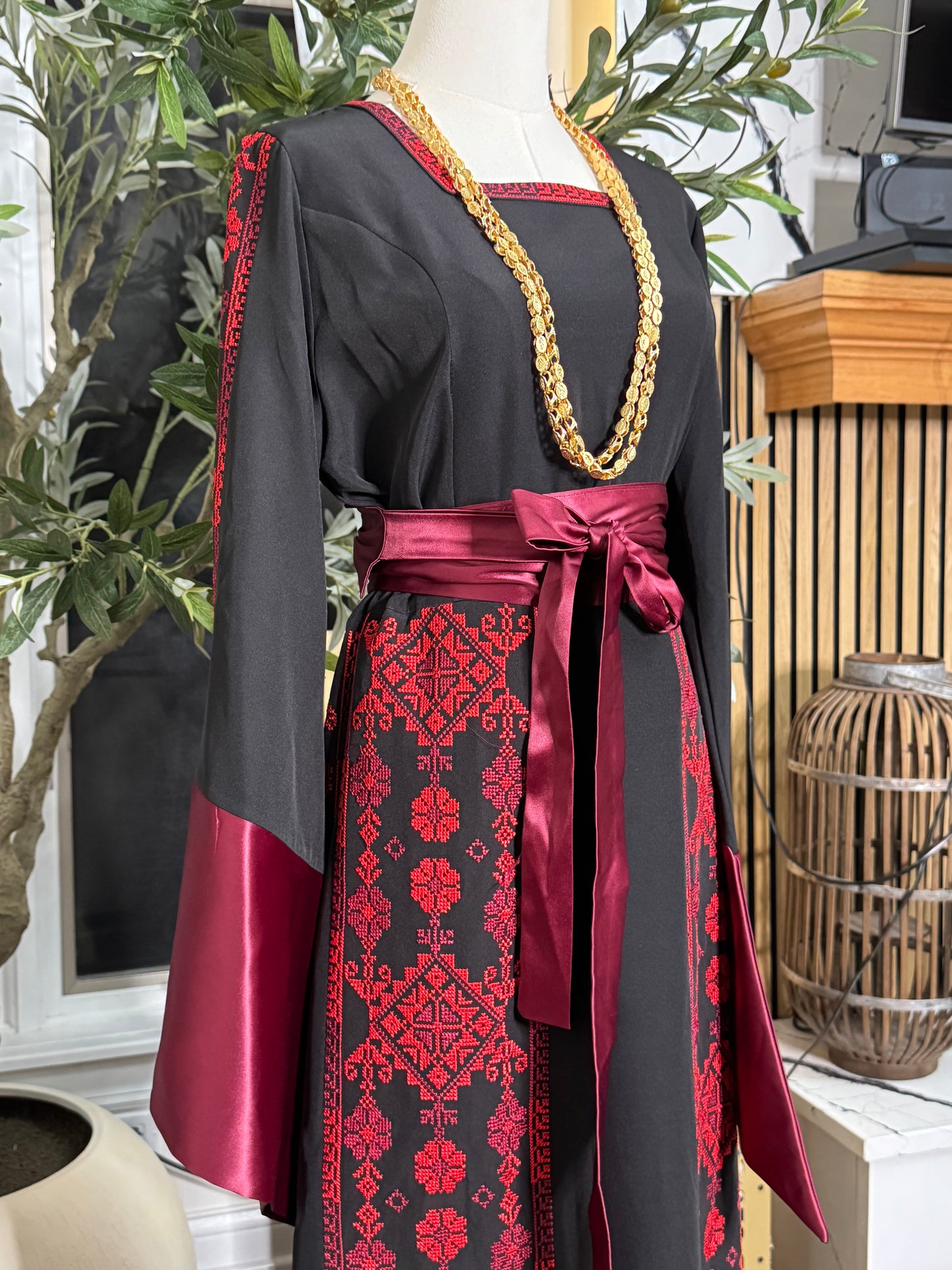 Palestinian Tatreez Thobe Wide Satin Sleeves 4 panels embroidered