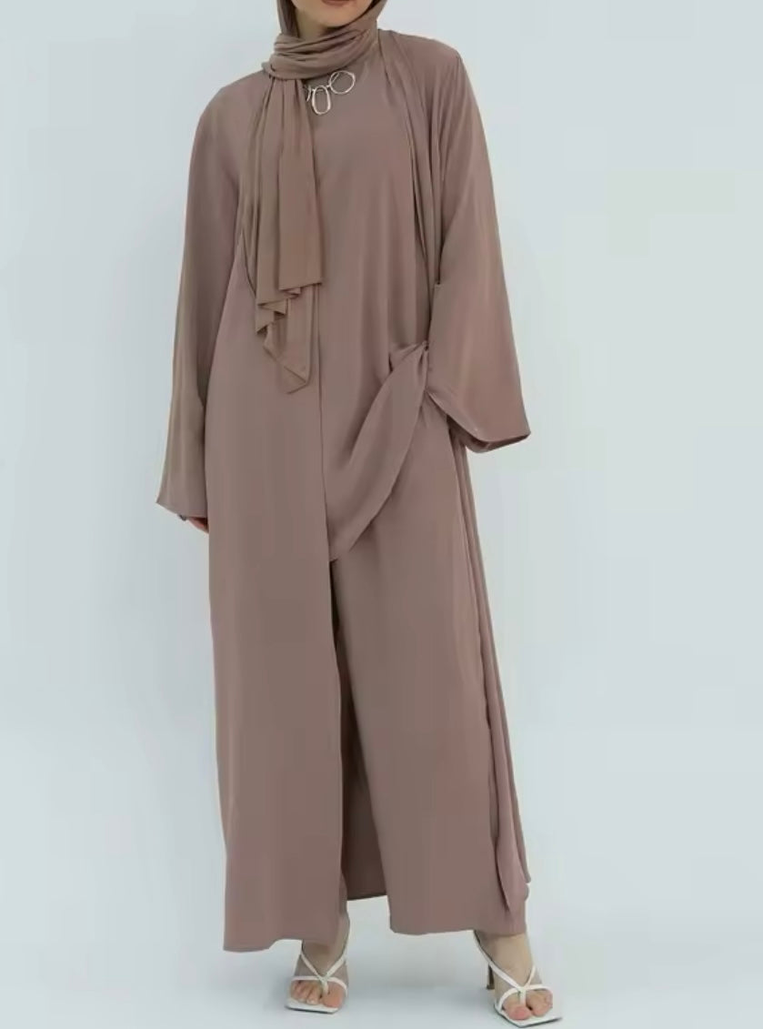 3 Pieces Set Plain Open Abaya Top and Pants Suit Sets