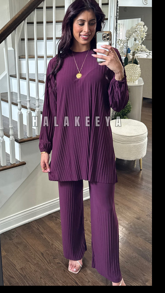 2 pcs Pleated wide casual solid color straight pants set