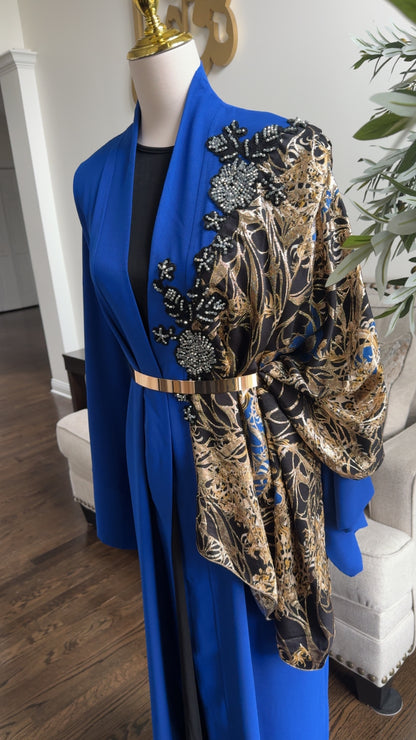 Navy blue Embroidered Embellished Draped shawl Open Abaya