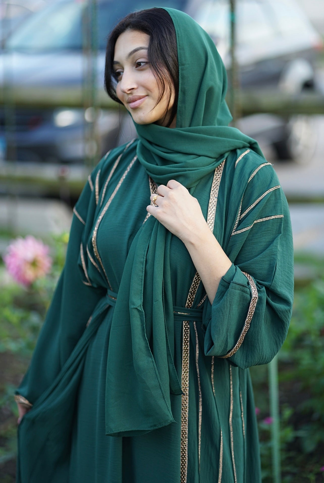 4 PIECE EMBELLISHED OPEN ABAYA WITH BELT, HIJAB AND INNER DRESS