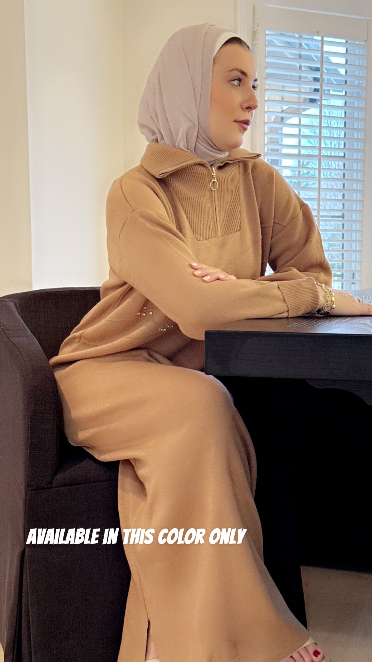 Chic Embellished Camel color Knit Maxi Relaxed Long Winter