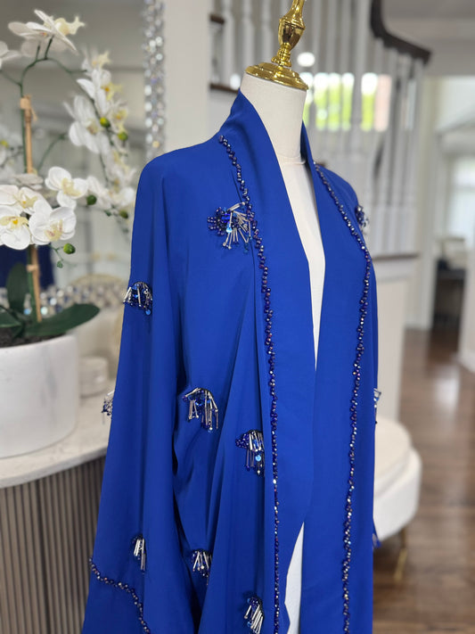 Royal Blue Embellished HandWork Beaded Open Abaya Kimono