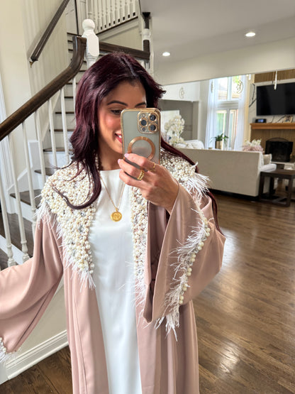 Pearls Mocha Handwork Beaded Open Abaya with Feather Detailing