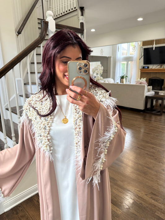 Pearls Mocha Handwork Beaded Open Abaya with Feather Detailing