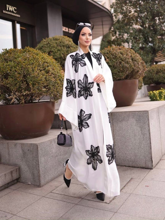 Lace Blossoms Cequin  Floral Detailing on a Luxurious Open Abaya