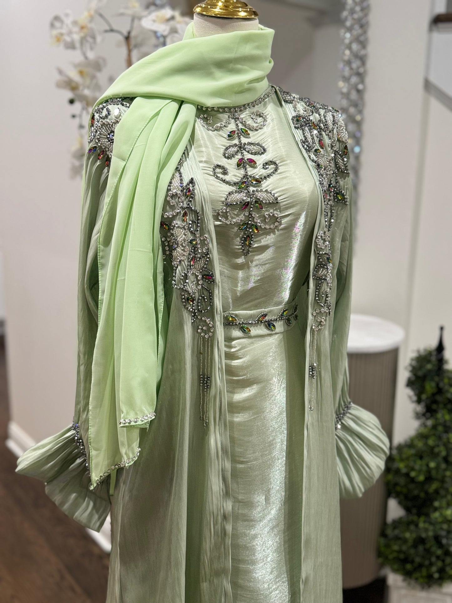 4 Pcs Embellished Beaded Organza Open Abaya Sage
