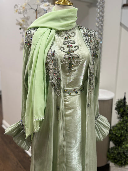 4 Pcs Embellished Beaded Organza Open Abaya Sage