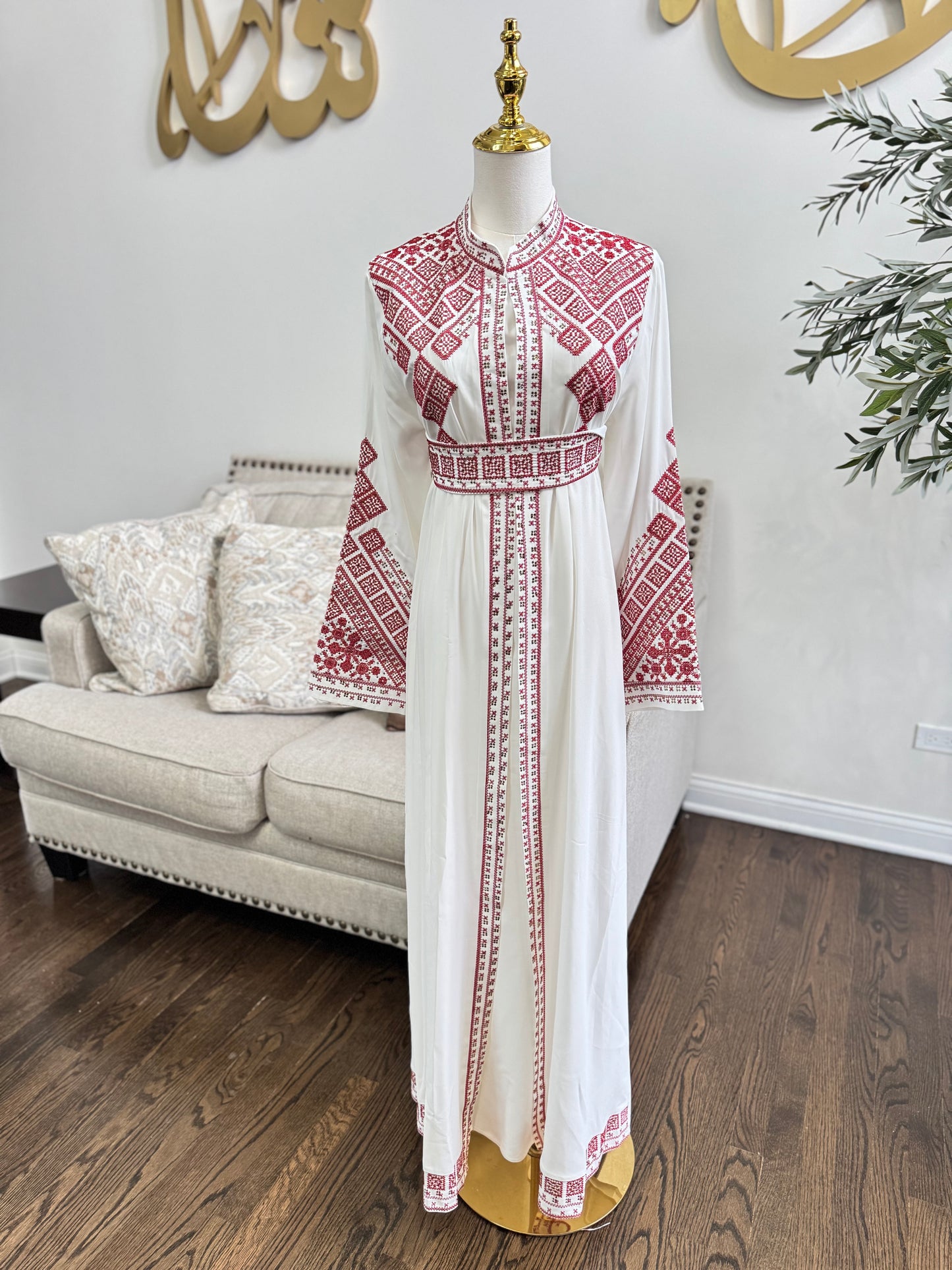 3 pcs Palestinian traditional white embroidered tatreez open abaya Thobe