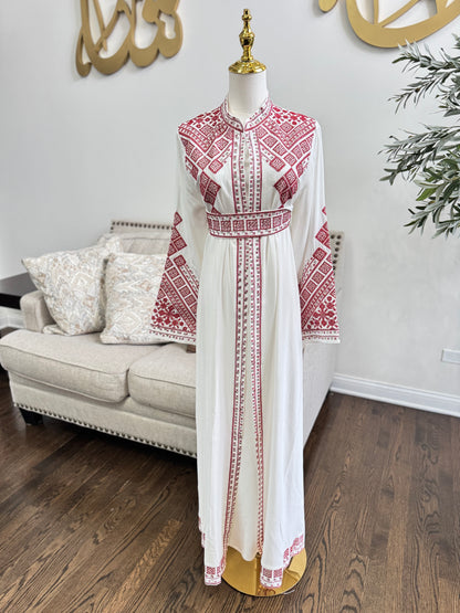3 pcs Palestinian traditional white embroidered tatreez open abaya Thobe