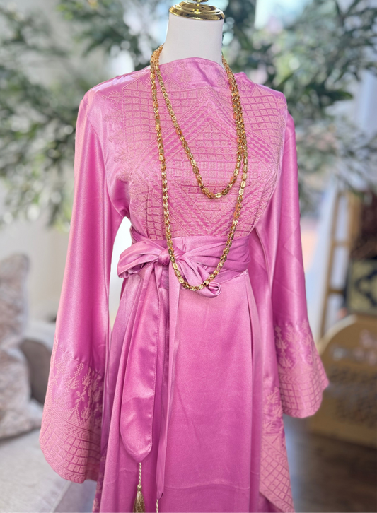 Pink Satin Embroidered Thobe Kaftan with Wide Sleeves