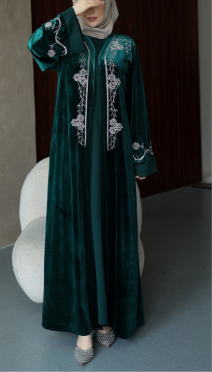 Velvet abaya Set with embroidered silver beads