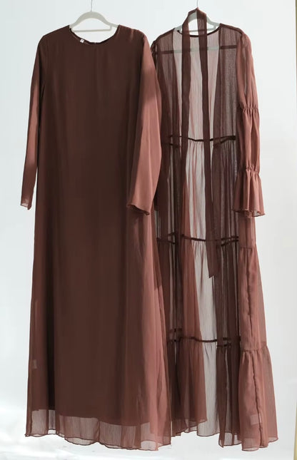 2-Piece Puff Sleeves Chiffon Abaya Set with Belt