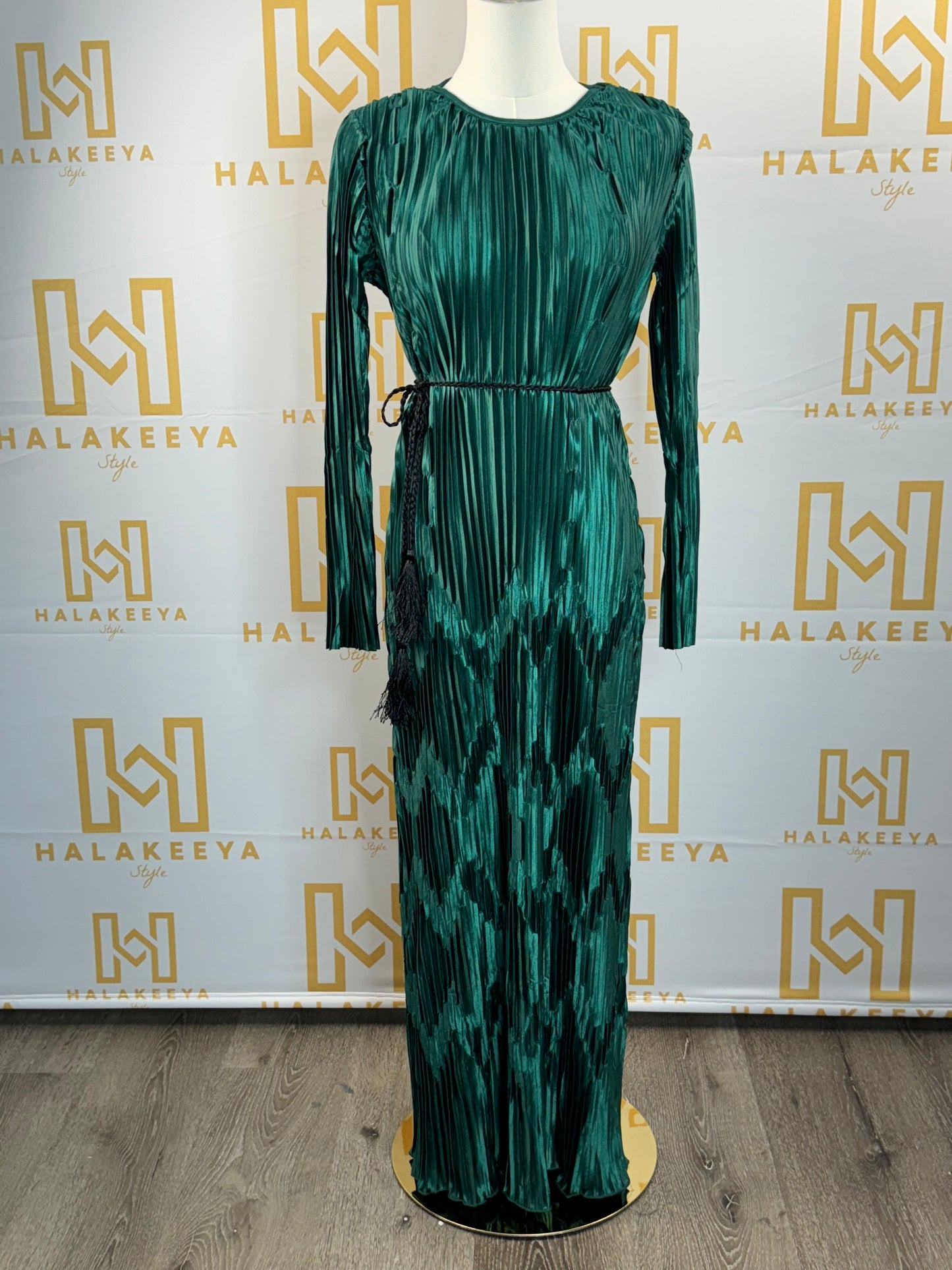 Long Sleeve Pleated Silk Maxi Belted Dress