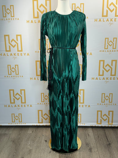 Long Sleeve Pleated Silk Maxi Belted Dress