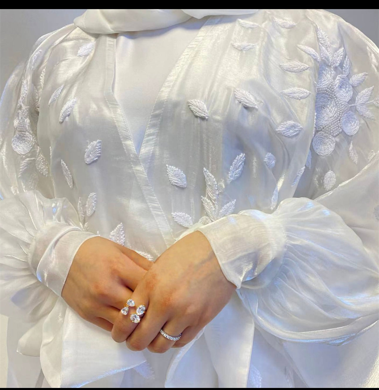 White Sheer Organza Embroidery Abaya