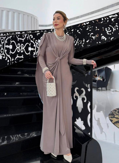 Elegant Draped Lycra Evening Dress with Metallic Accent