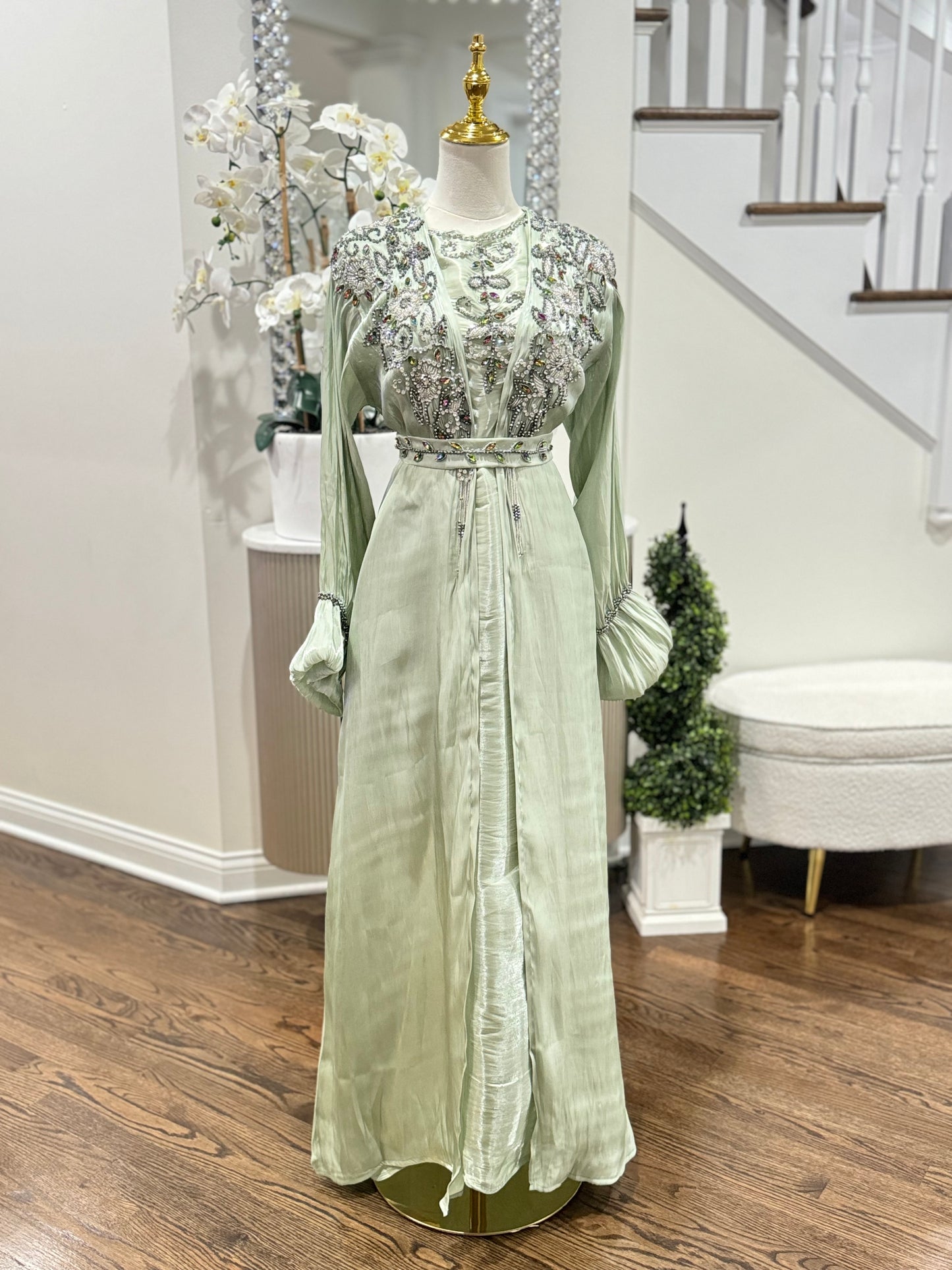 4 Pcs Embellished Beaded Organza Open Abaya Sage