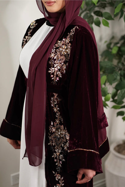 LUXURY VELVET EMBELLISHED FRONT AND BACK EVENING OPEN DUBAI ABAYA