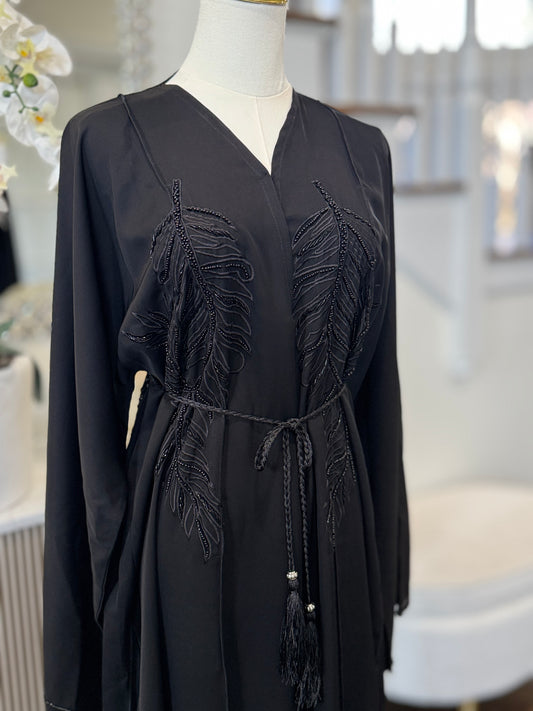 Black Dubai Satin Abaya With Beaded Feather Design