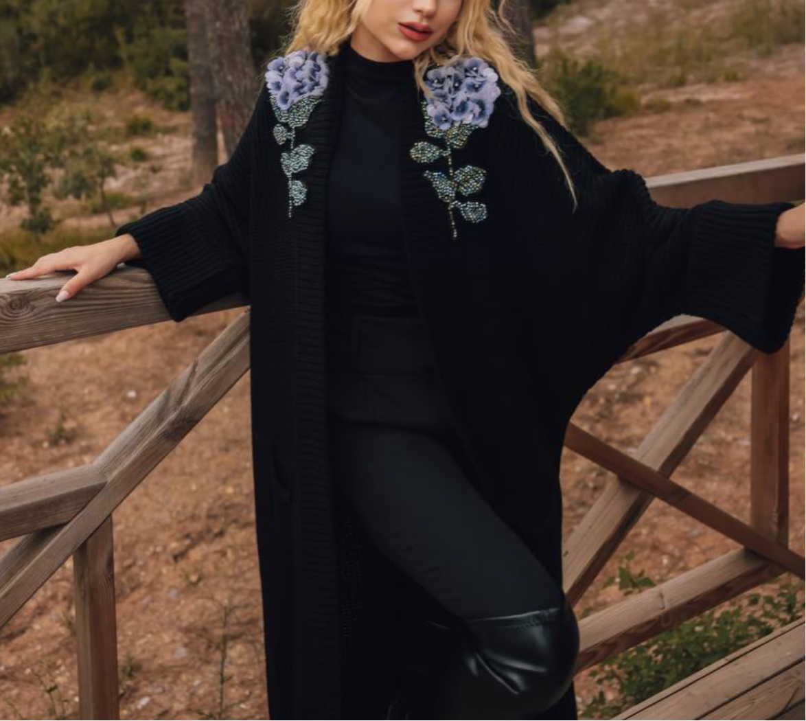 Embellished Beaded Black Knit Cardigan With Blue Hydrangeas Flower