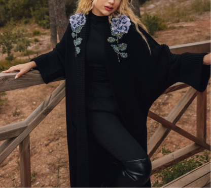 Embellished Beaded Black Knit Cardigan With Blue Hydrangeas Flower