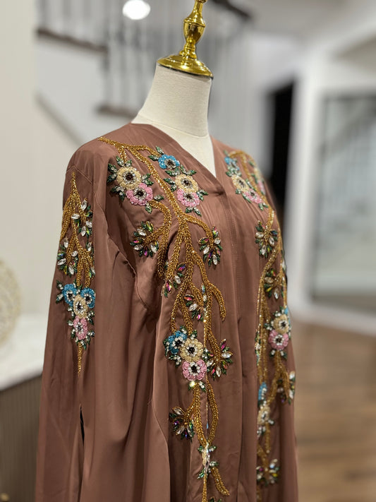 Handwork Embellished Colored beads Luxury Butterfly Cape Opne Abaya Camel Color