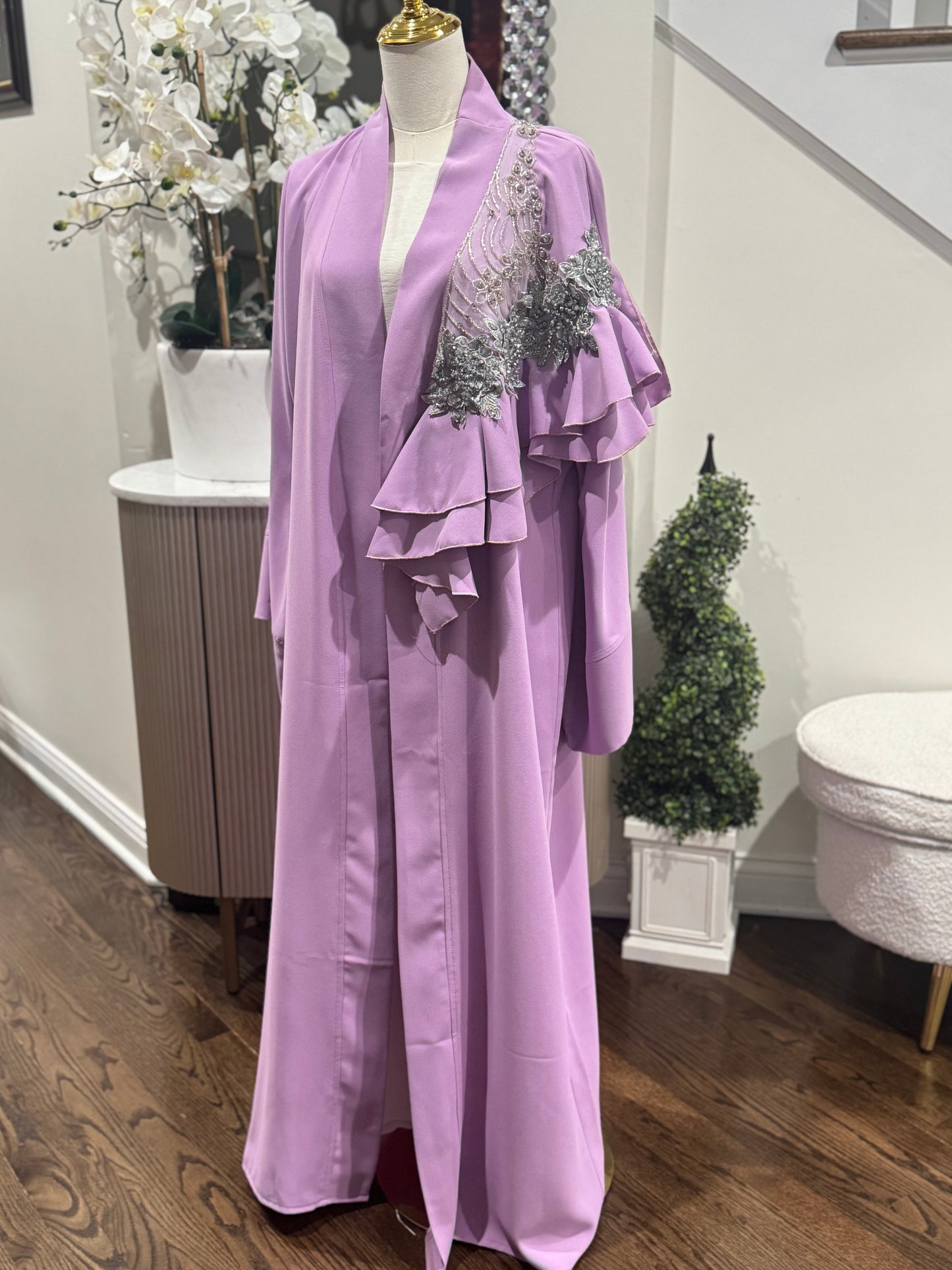 Elegant Ruffed Embellished lavander open abaya