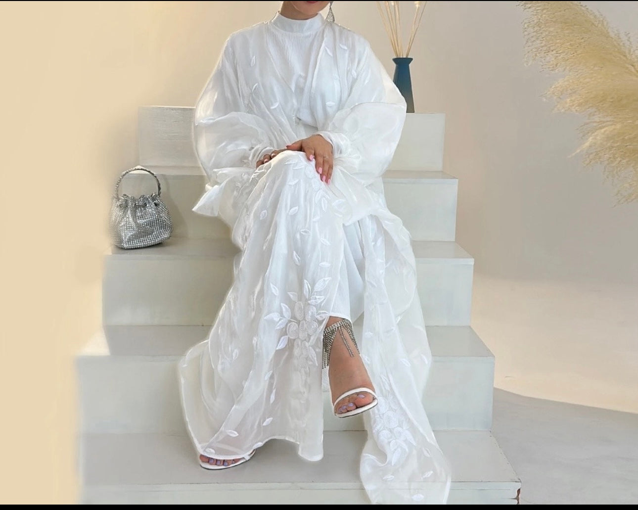 White Sheer Organza Embroidery Abaya