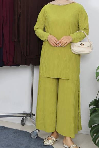 2 pcs Lycra pleated  wide casual solid color pants set