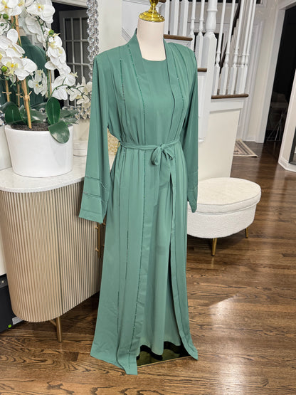 3 Pcs Teal Elegant Rhinestone Embellished open Abaya with belt