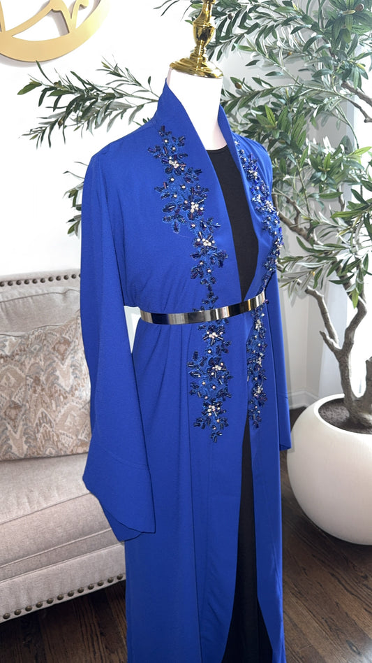 Royal blue Embroidered Embellished Open Abaya Bisht