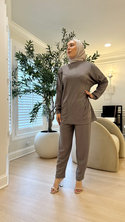 Everyday Modest Gray Two-Piece Set with Embellishments
