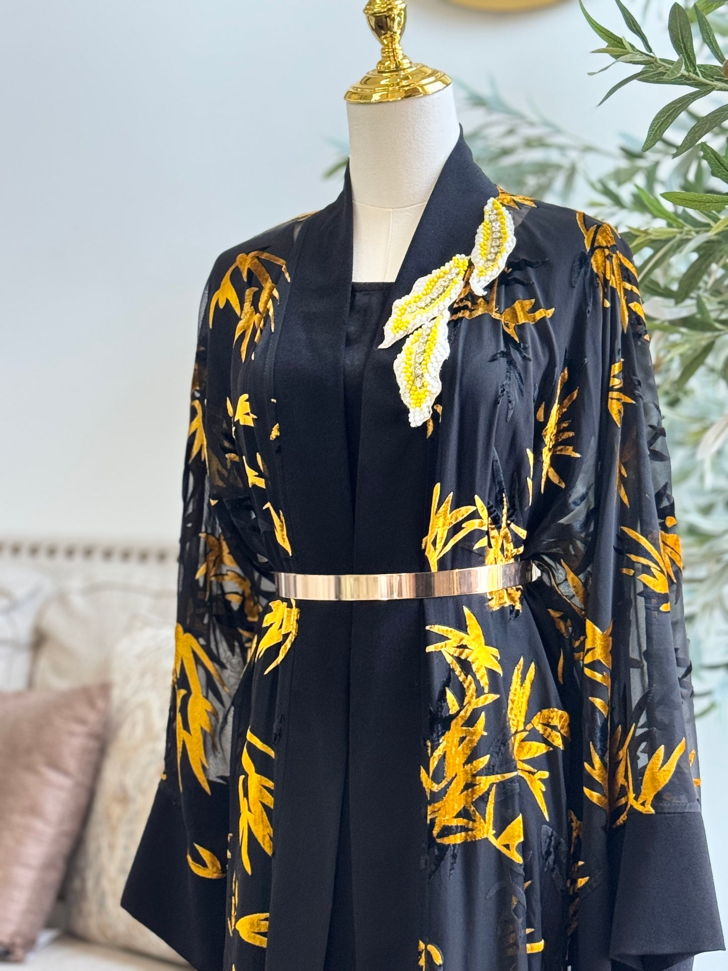 Chiffon velvet printed open abaya
