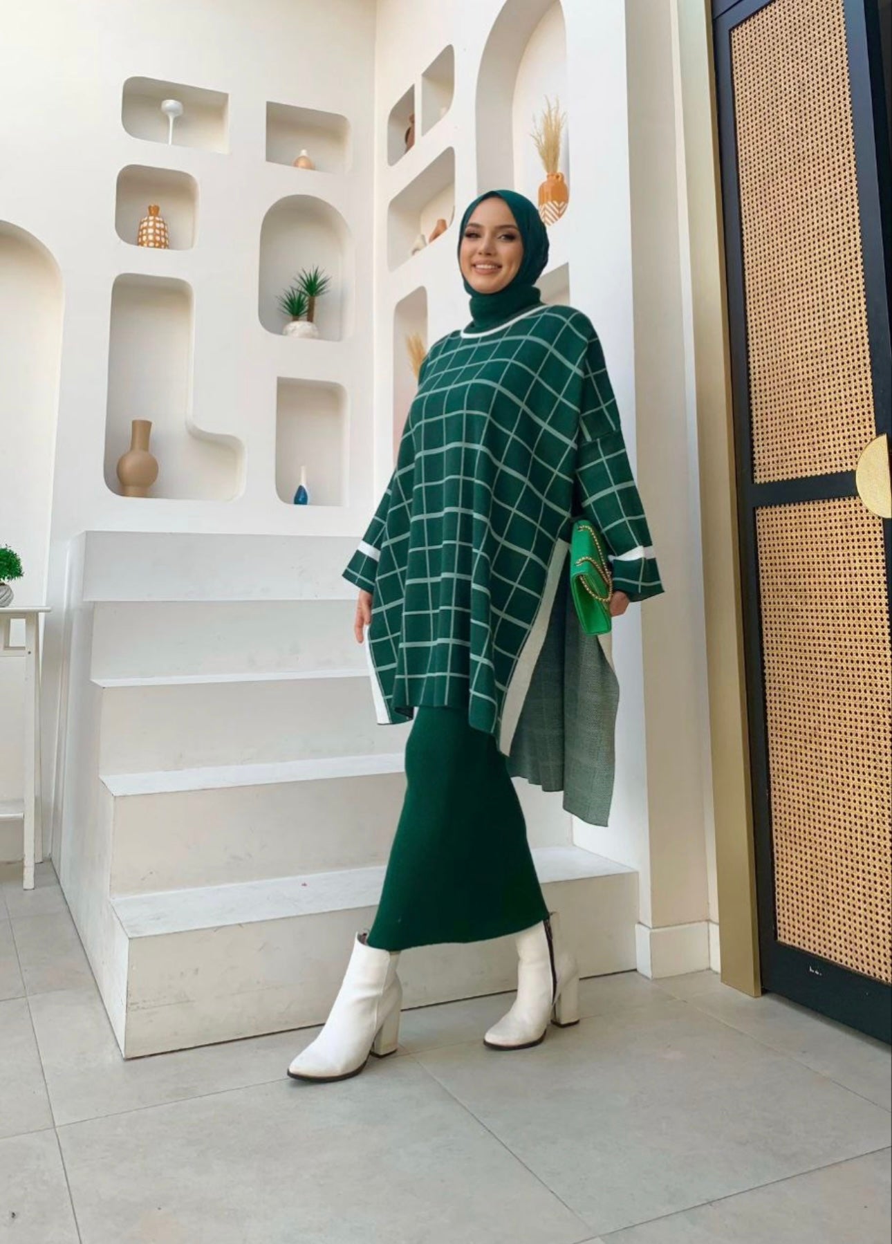 PLAID PATTERN Knitwear Open Slit Sweater Top