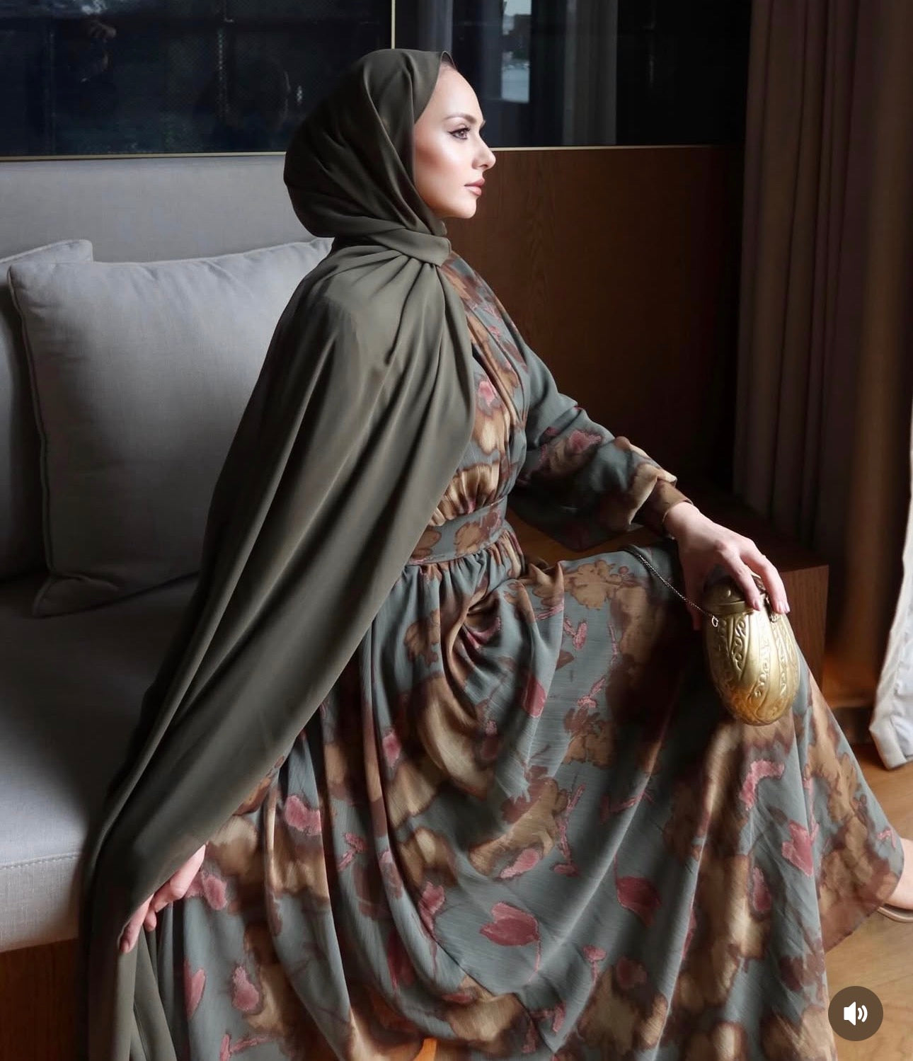 Olive Silk-Touch Bishop Sleeve Dress