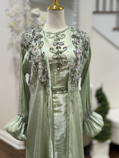 4 Pcs Embellished Beaded Organza Open Abaya Sage