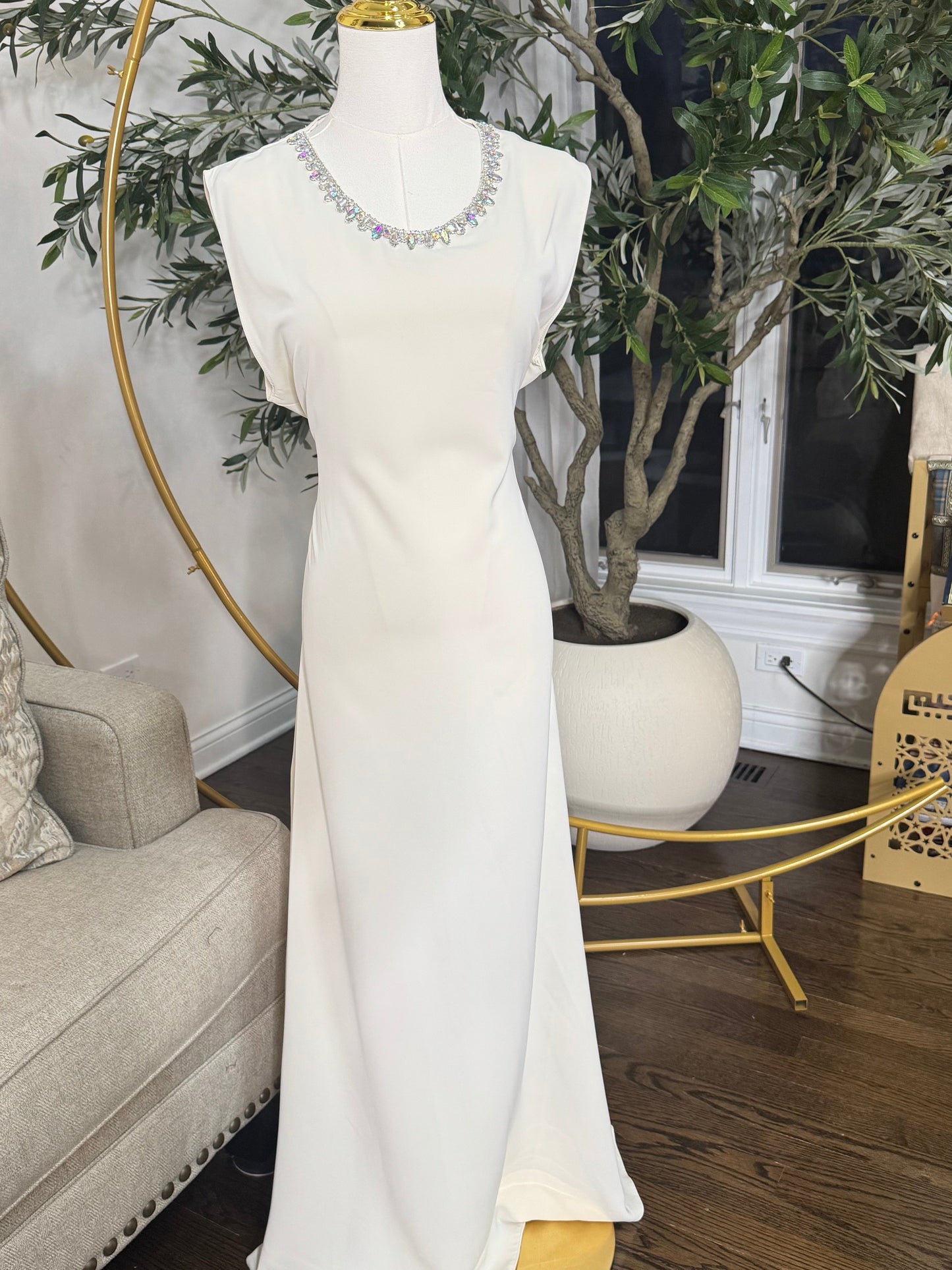 Embellished Crystal Elegance Cream Ivory Maxi Dress