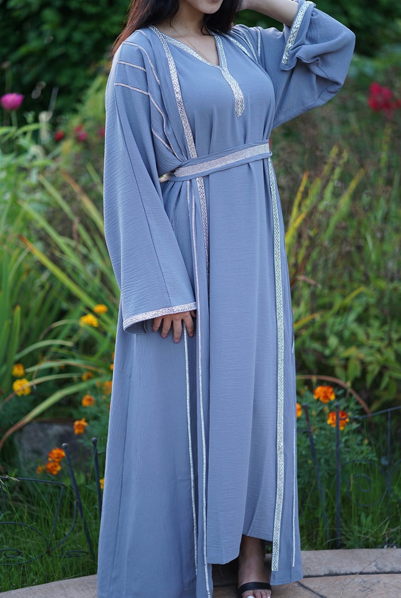 4 PIECE EMBELLISHED OPEN ABAYA WITH BELT, HIJAB AND INNER DRESS