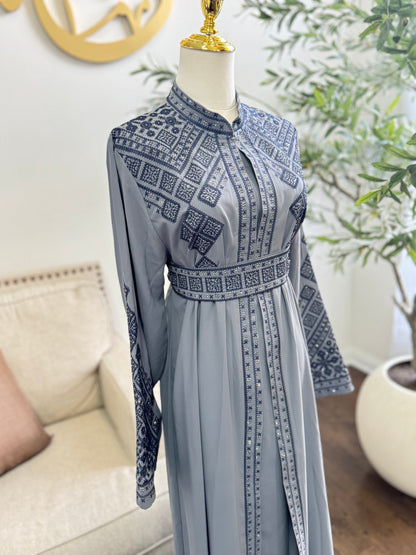 3 pcs Gray Satin Palestinian traditional Black embroidered tatreez open abaya Thobe