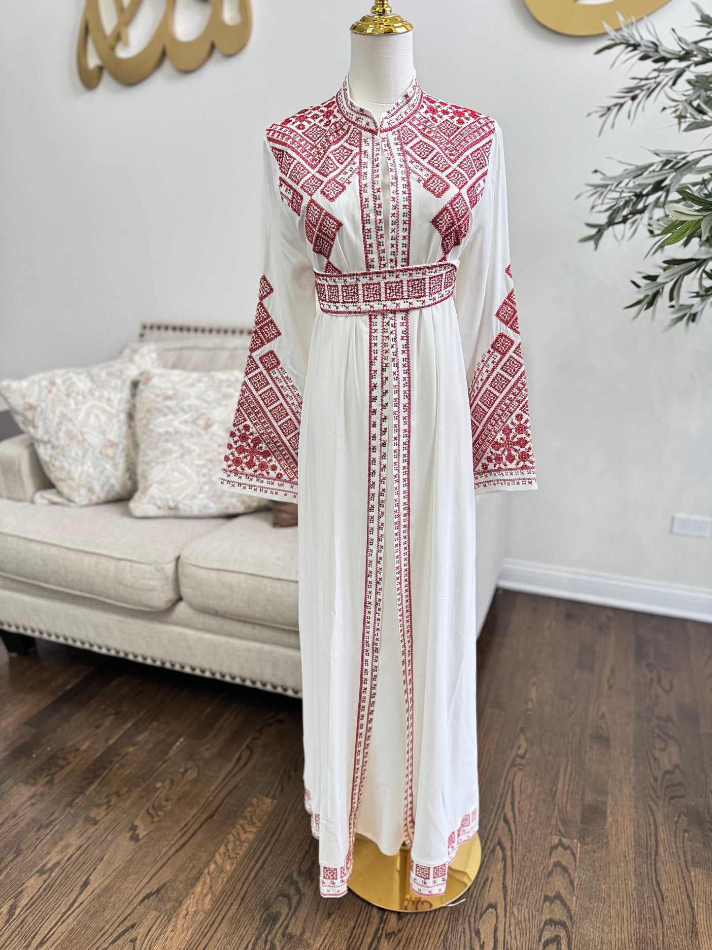 3 pcs Palestinian traditional white embroidered tatreez open abaya Thobe