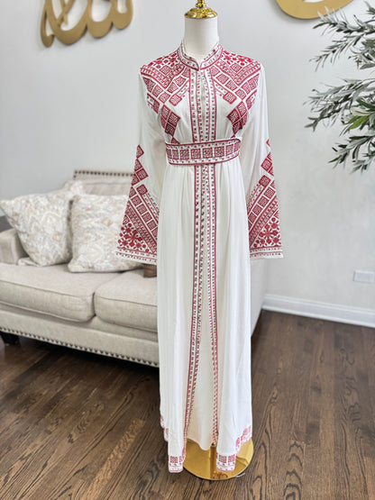 3 pcs Palestinian traditional white embroidered tatreez open abaya Thobe